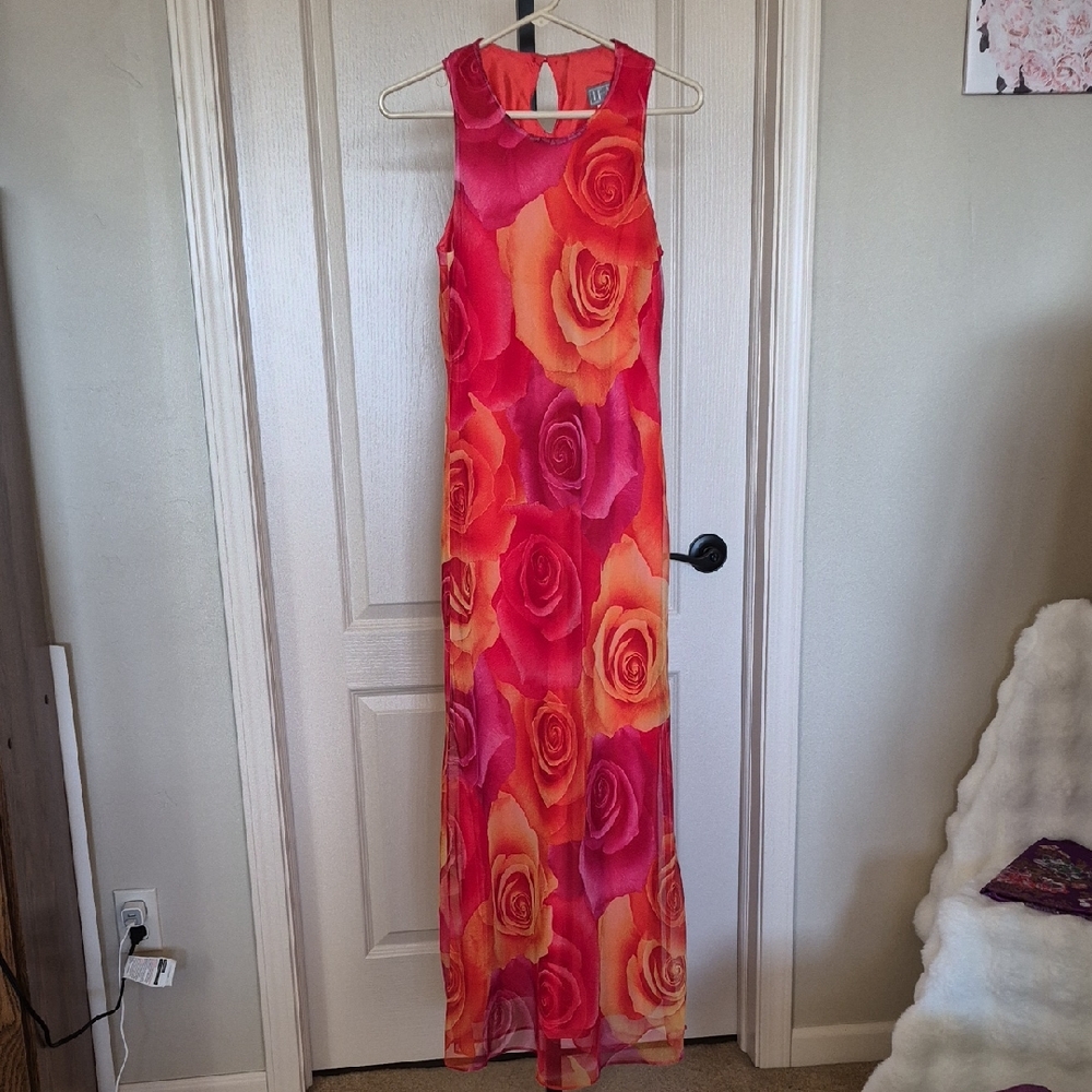 Le-Al Women's Vintage Floral Sleeveless Maxi Dress - Pink and Orange Size 6